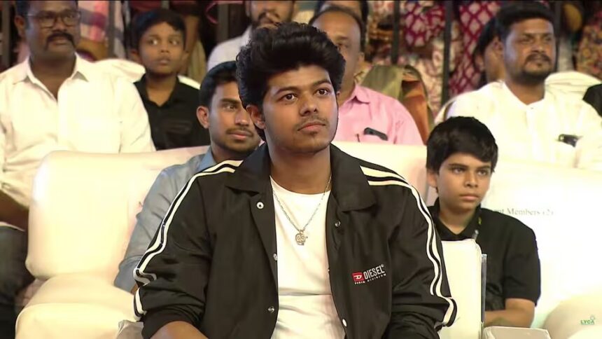 Jason Sanjay at Sigma pre-release event amid TVK chants