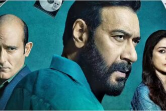 Three people featured in a dramatic promotional poster with a teal background