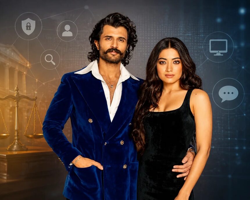 Vijay Deverakonda and Rashmika Mandanna amid reports of a complaint against alleged fake online content.